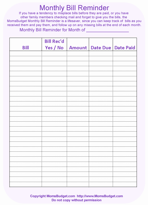 Monthly Bill Tracker Template Free Awesome Monthly Bill Reminder Free Printable Worksheet From