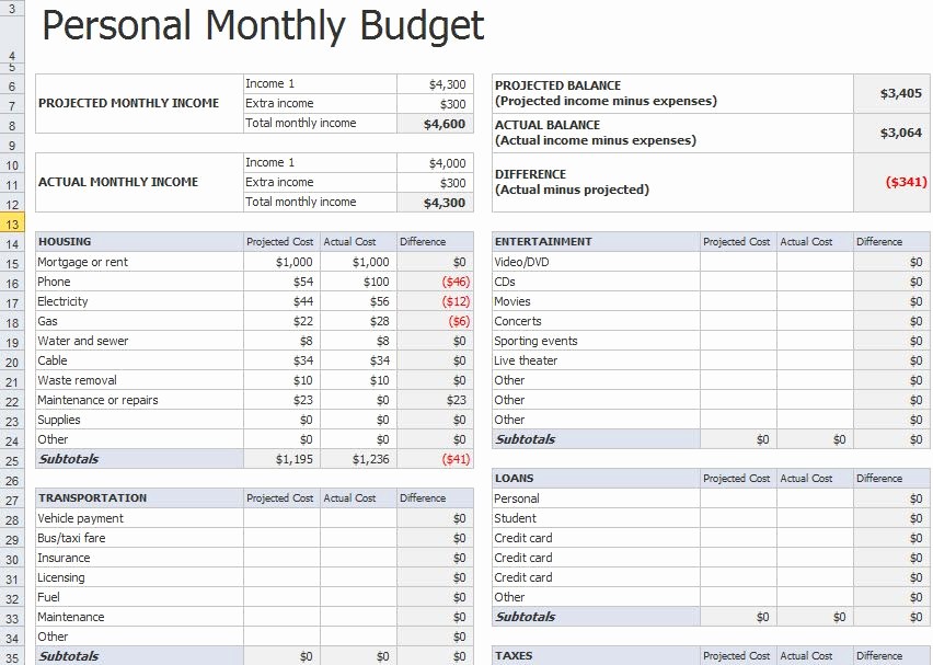 sample single person budget