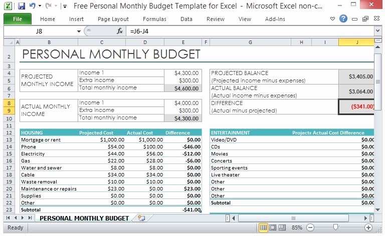 Monthly Budget Example Single Person New Free Personal Monthly Bud Template for Excel