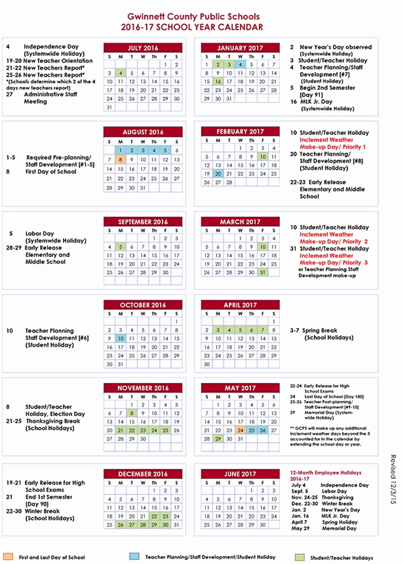 Monthly Calendar 2016-17 Fresh Gwinnett County School Calendar 2016 17