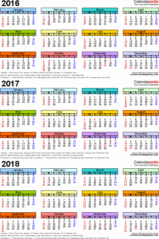 Monthly Calendar 2016-17 New 2016 2017 2018 Calendar 4 Three Year Printable Word