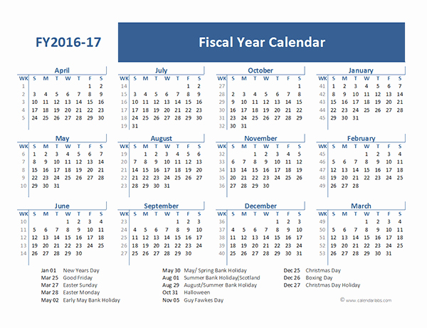 Monthly Calendar 2016-17 New 2016 Fiscal Year Calendar Uk 05 Free Printable Templates