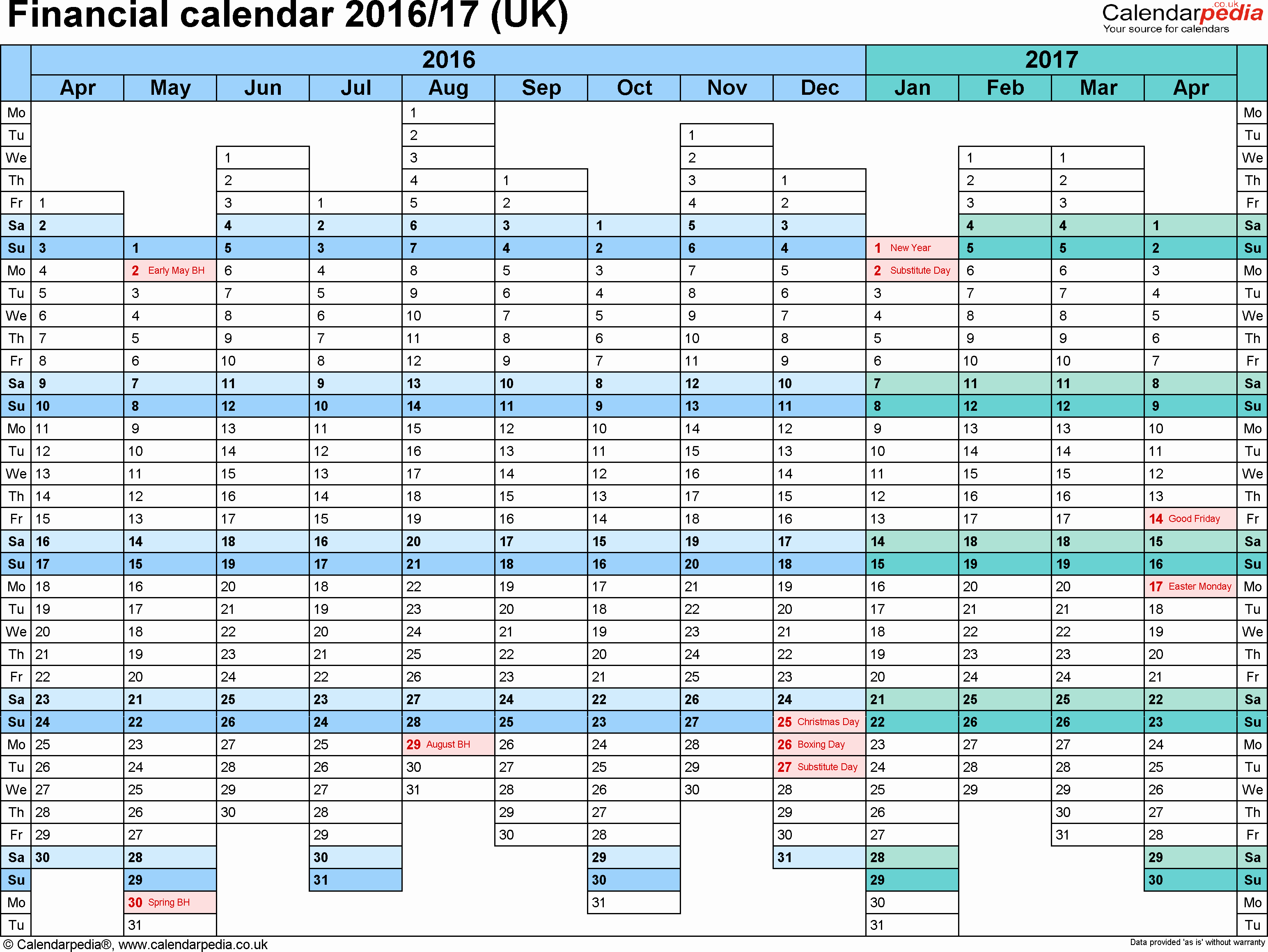 Monthly Calendar 2016-17 New Financial Calendars 2016 17 Uk In Microsoft Word format