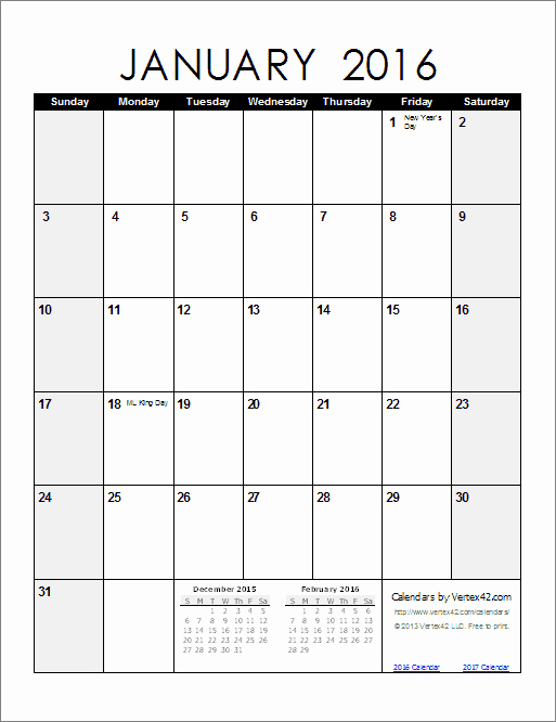 Monthly Calendar 2016 Printable Free Elegant 2016 Calendar Templates and