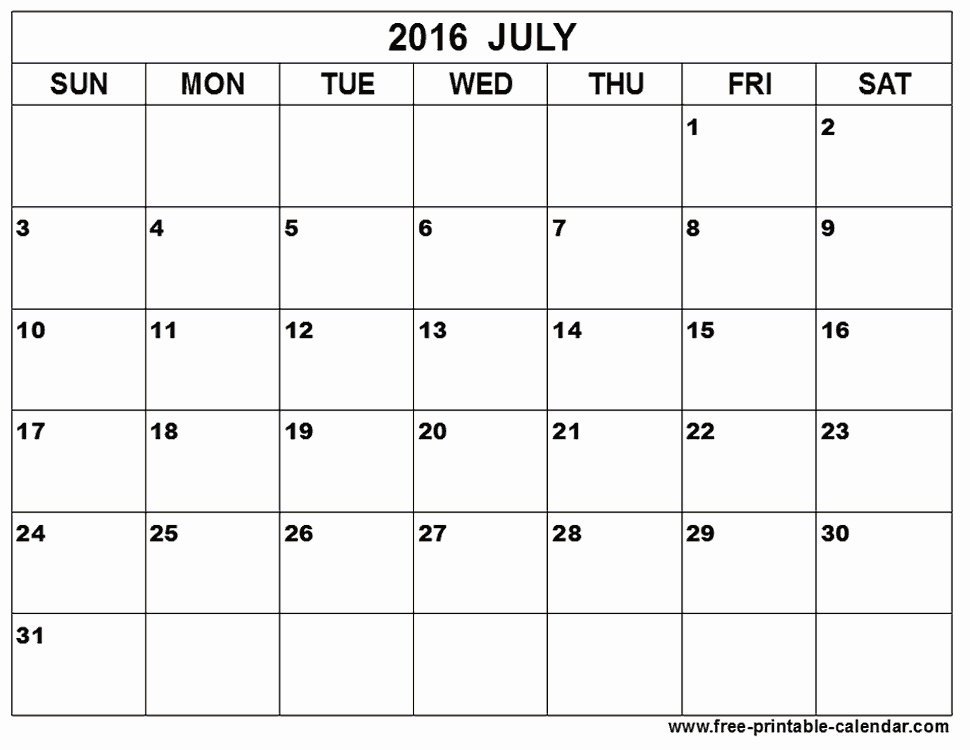 Monthly Calendar 2016 Printable Free Fresh July 2016 Monthly Calendar Printable Free