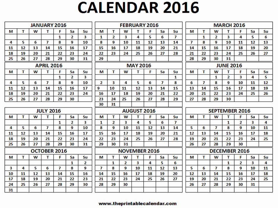 Monthly Calendar 2016 Printable Free New 2016 Calendar 12 Months Calendar On One Page Free