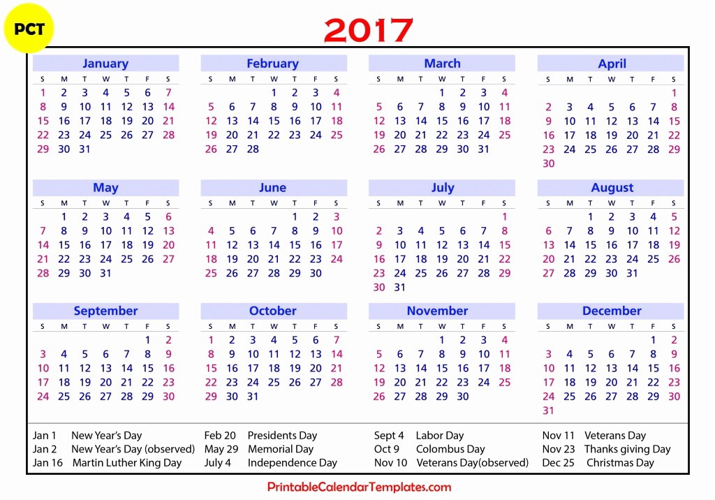 Monthly Calendar 2017 Printable Free Unique 2017 Calendar with Holidays