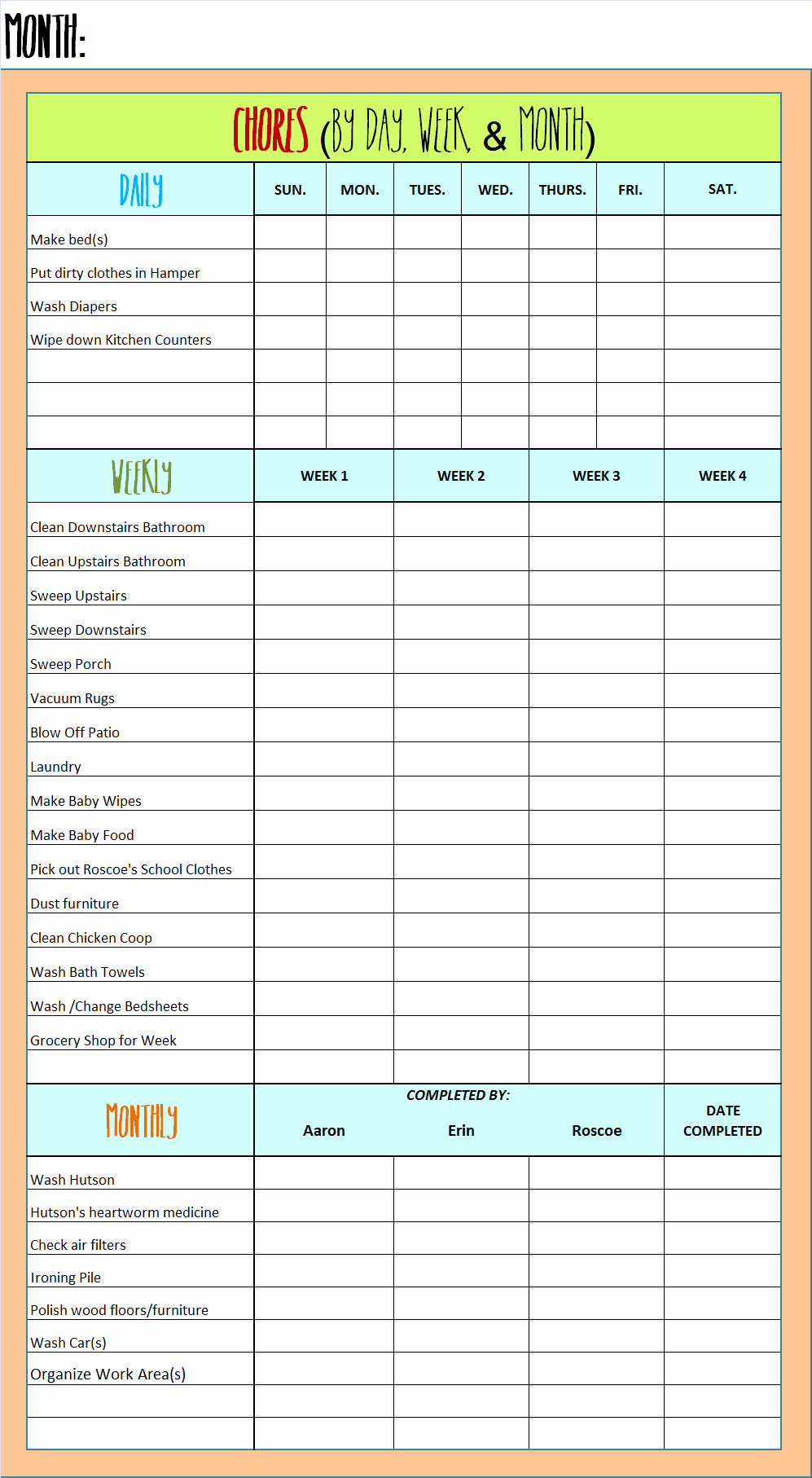 Monthly Chore Chart for Family Beautiful Chore Chart