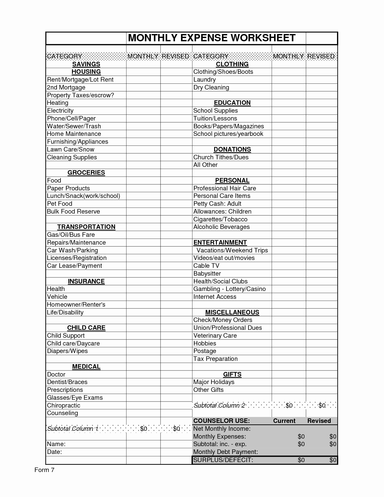 free income and expense worksheet