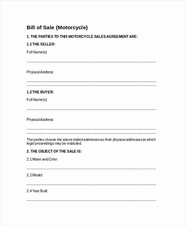 Motorcycle Bill Of Sale Printable Unique Bill Of Sale form In Word