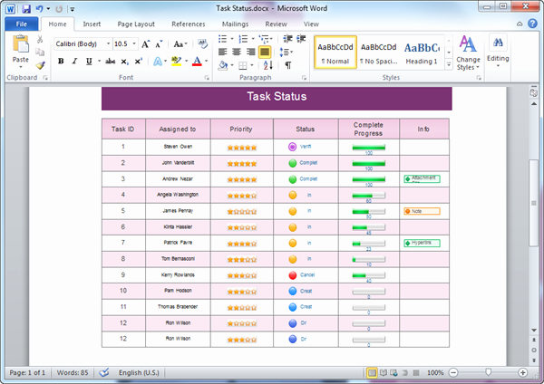 Ms Office Templates for Word Unique Status Table Templates for Word