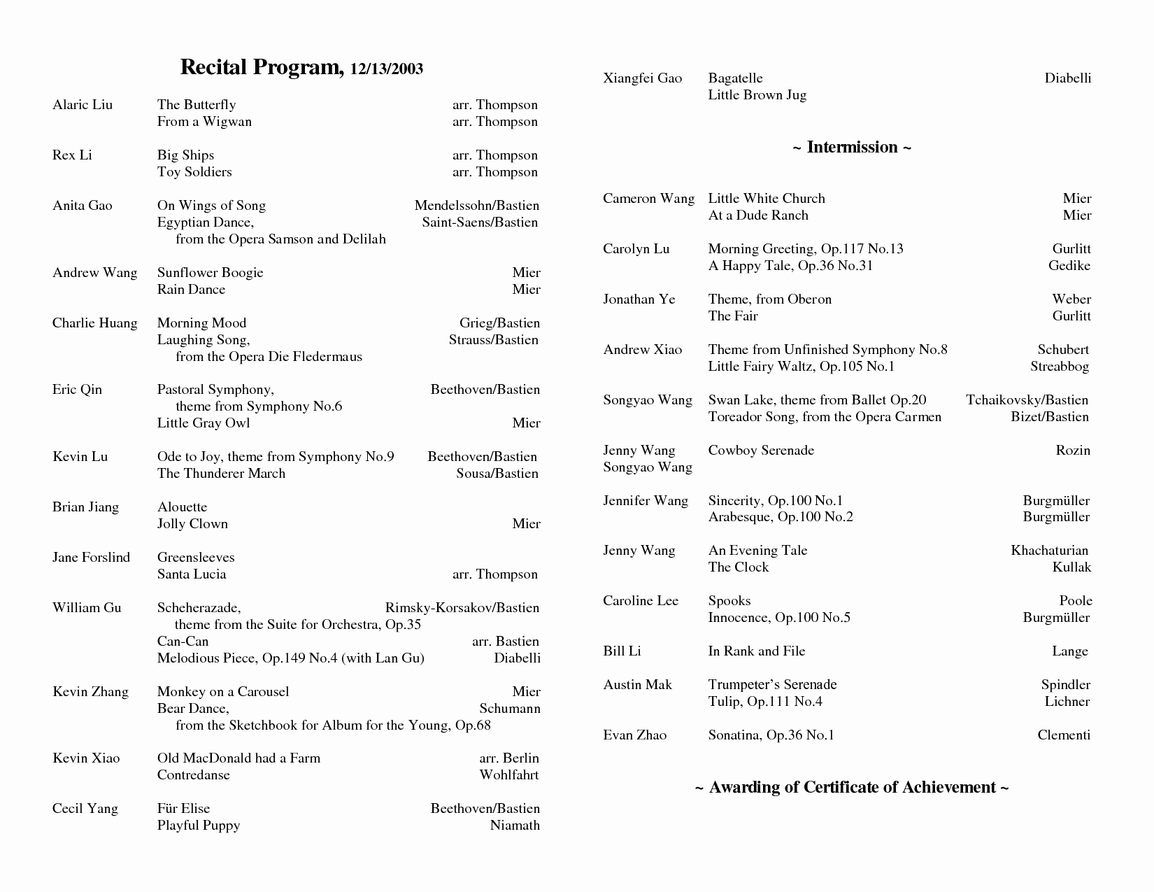 Piano Recital Program Template Free