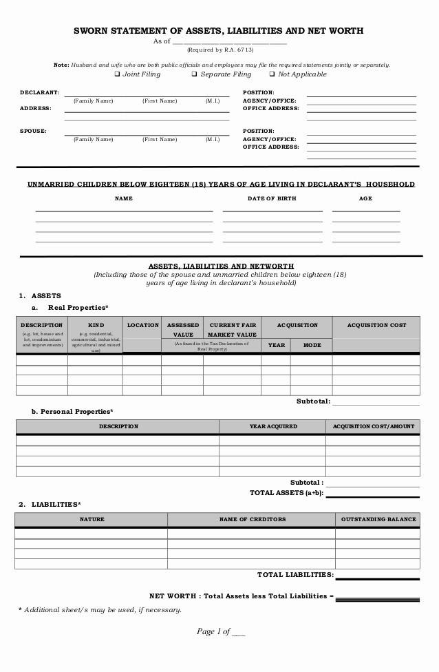 Net Worth Statement format Individual Luxury Saln2012 form