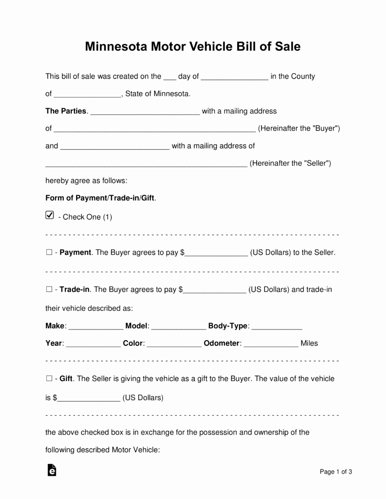New Car Bill Of Sale Awesome Free Minnesota Motor Vehicle Bill Of Sale form Word