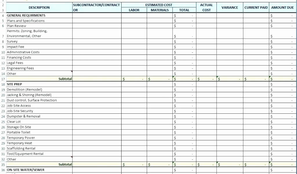 New Home Construction Budget Worksheet Elegant Home Construction Bud Excel Spreadsheet