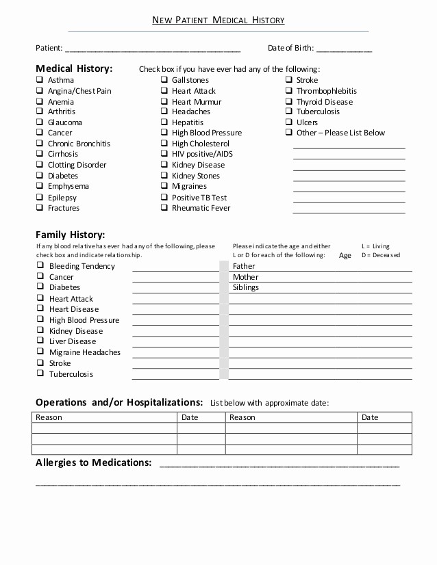 New Patient Health History form Fresh New Patient forms New Patient Medical History