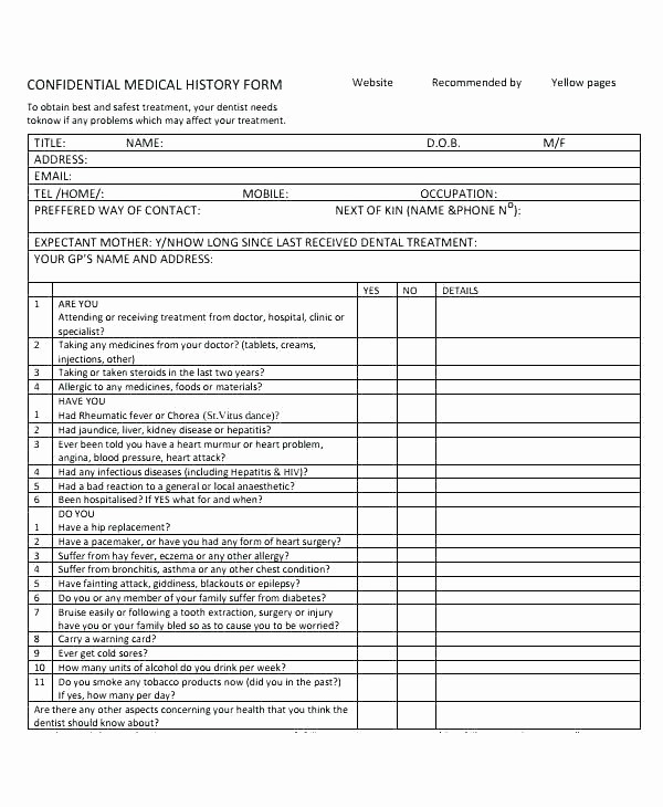 New Patient Health History form New Medical Questionnaire Template