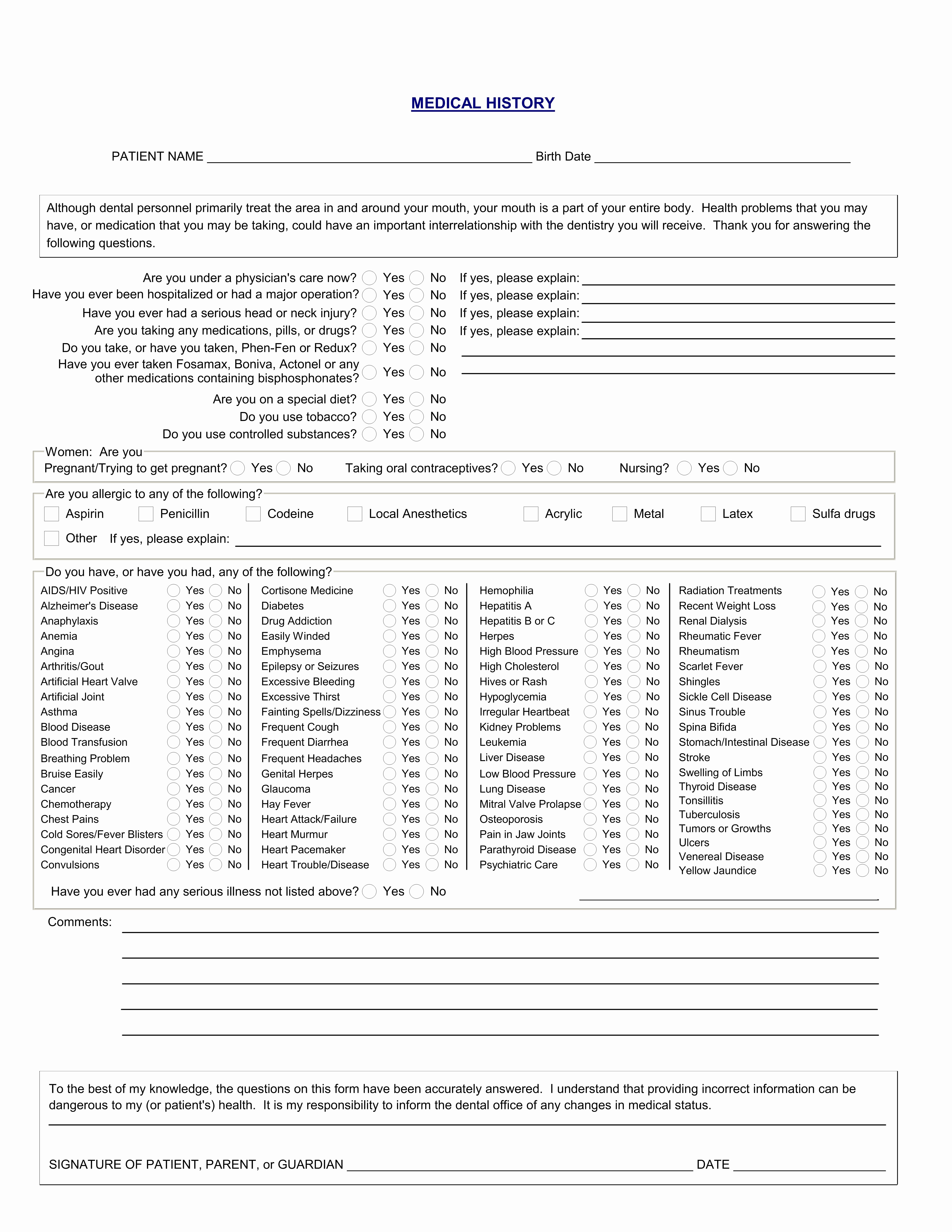 New Patient Medical History forms Elegant Medical History form for Dental Fice – Templates Free