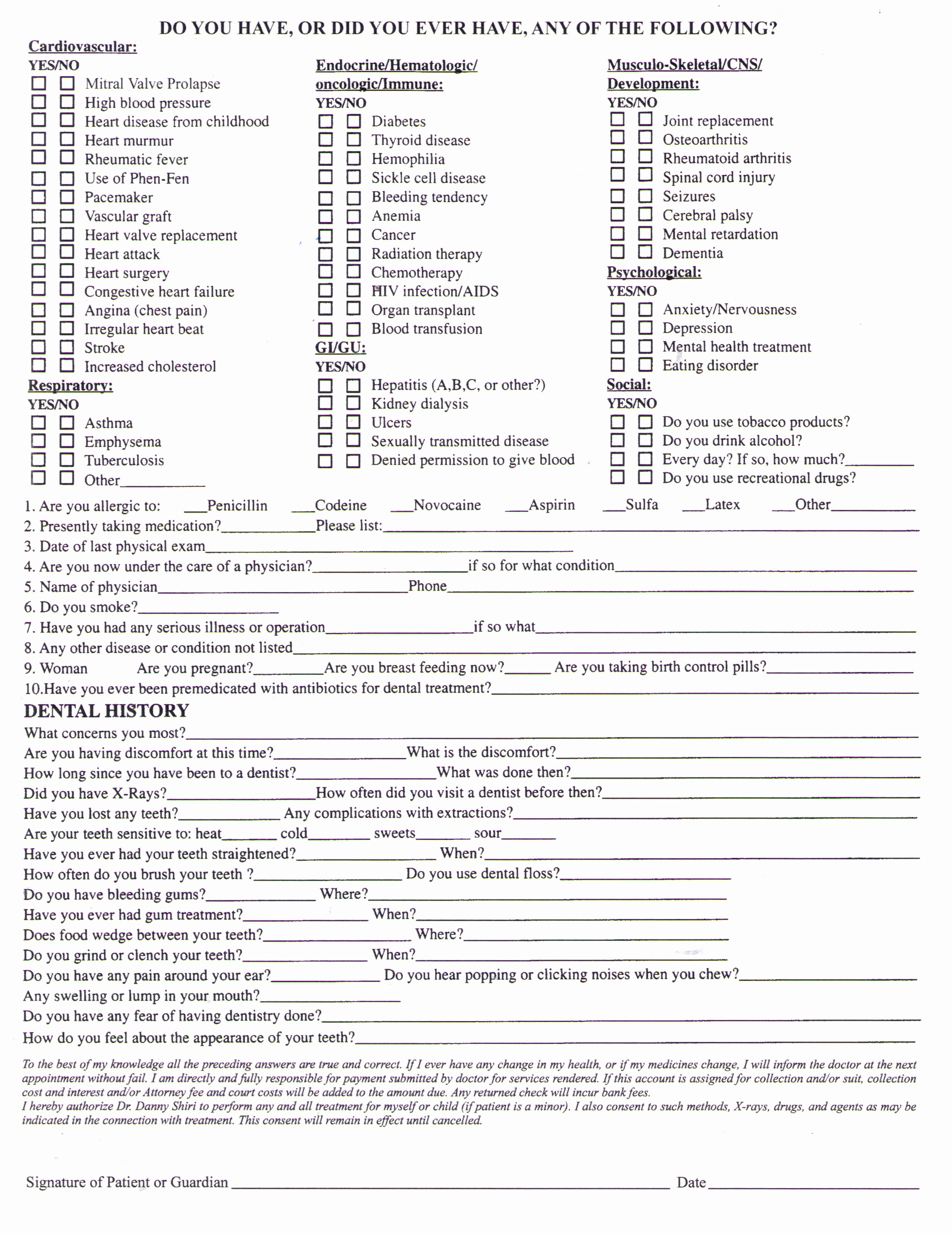 New Patient Medical History forms Lovely form Health History form Health History form