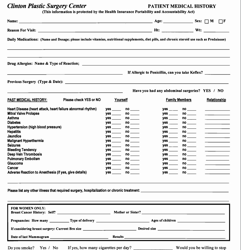 New Patient Medical History forms Lovely Patient Medical History Pdf Clinton Plastic Surgery