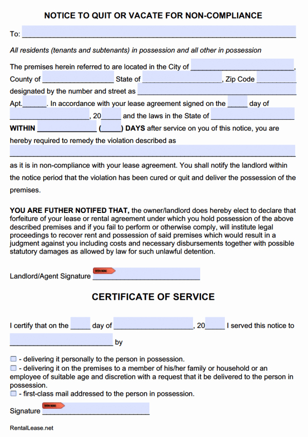 Notice Of Lease Violation Template Lovely Free Eviction Notice Templates – Notice to Quit