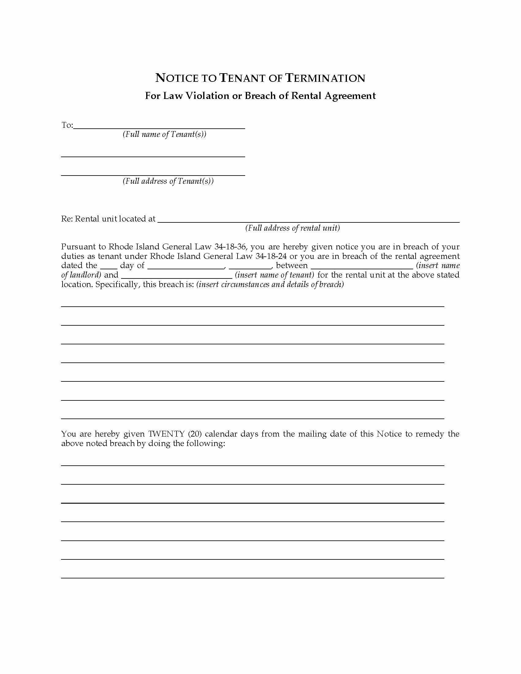 Notice Of Lease Violation Template Unique Rhode island Notice to Tenant Of Termination for Violation