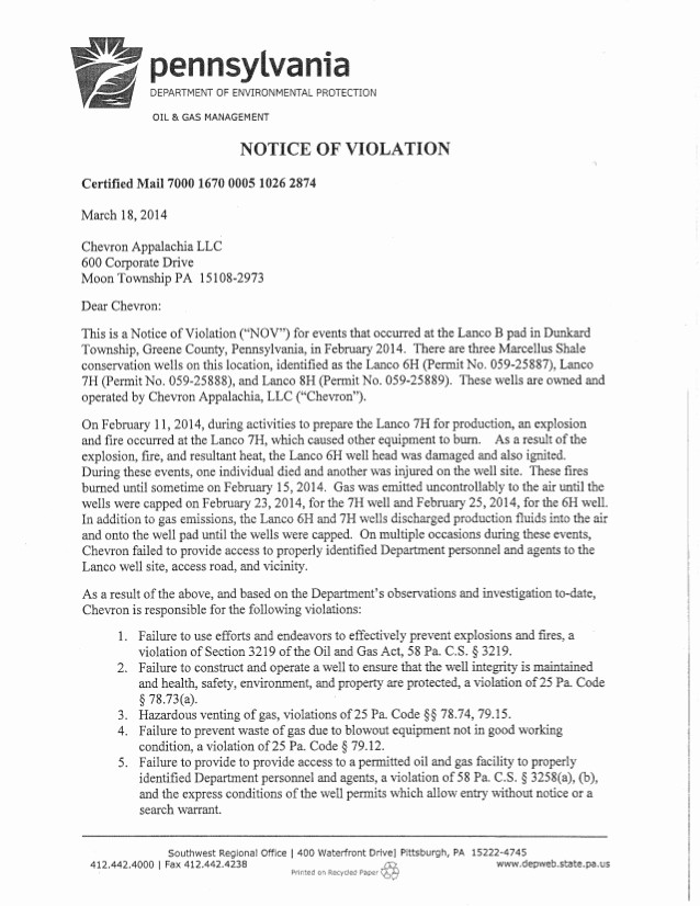 Notice Of Violation Letter Sample Beautiful Notice Of Violation From the Pa Dep to Chevron for Greene