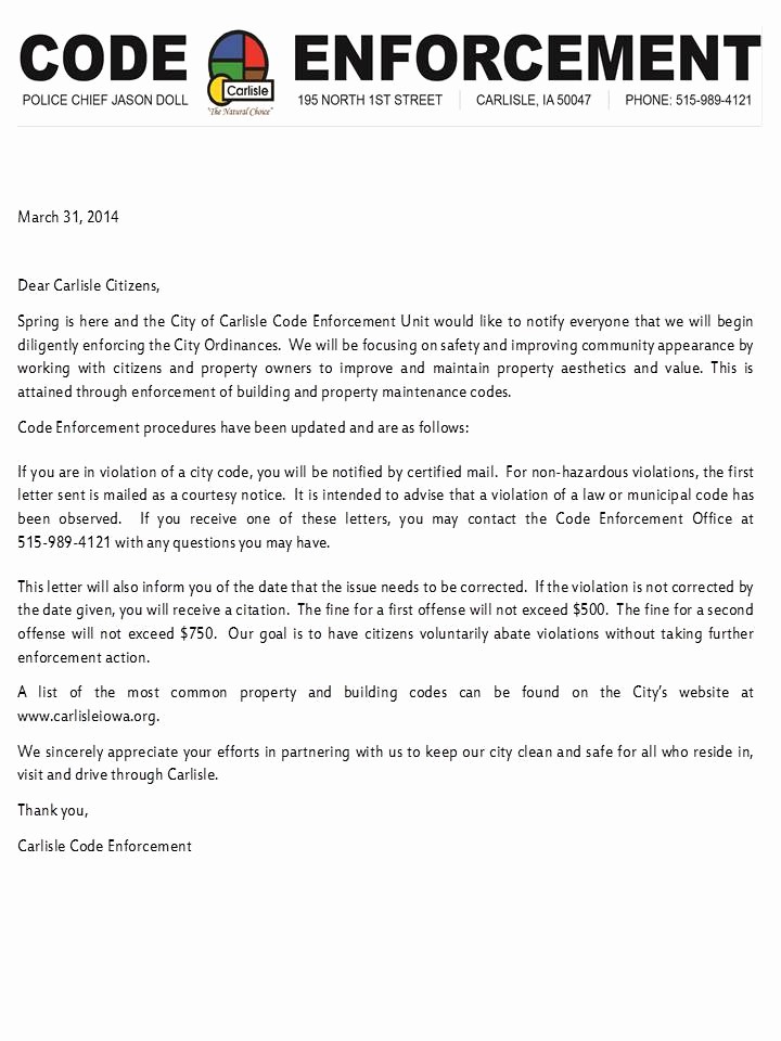 Notice Of Violation Letter Sample Lovely ordinances Carlisle Iowa