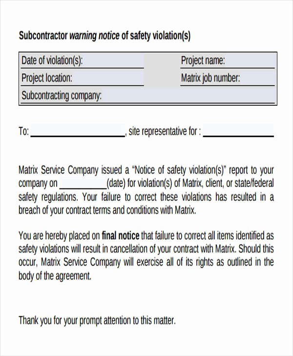 Notice Of Violation Letter Sample Unique Safety Warning Letter Template 9 Free Word Pdf format
