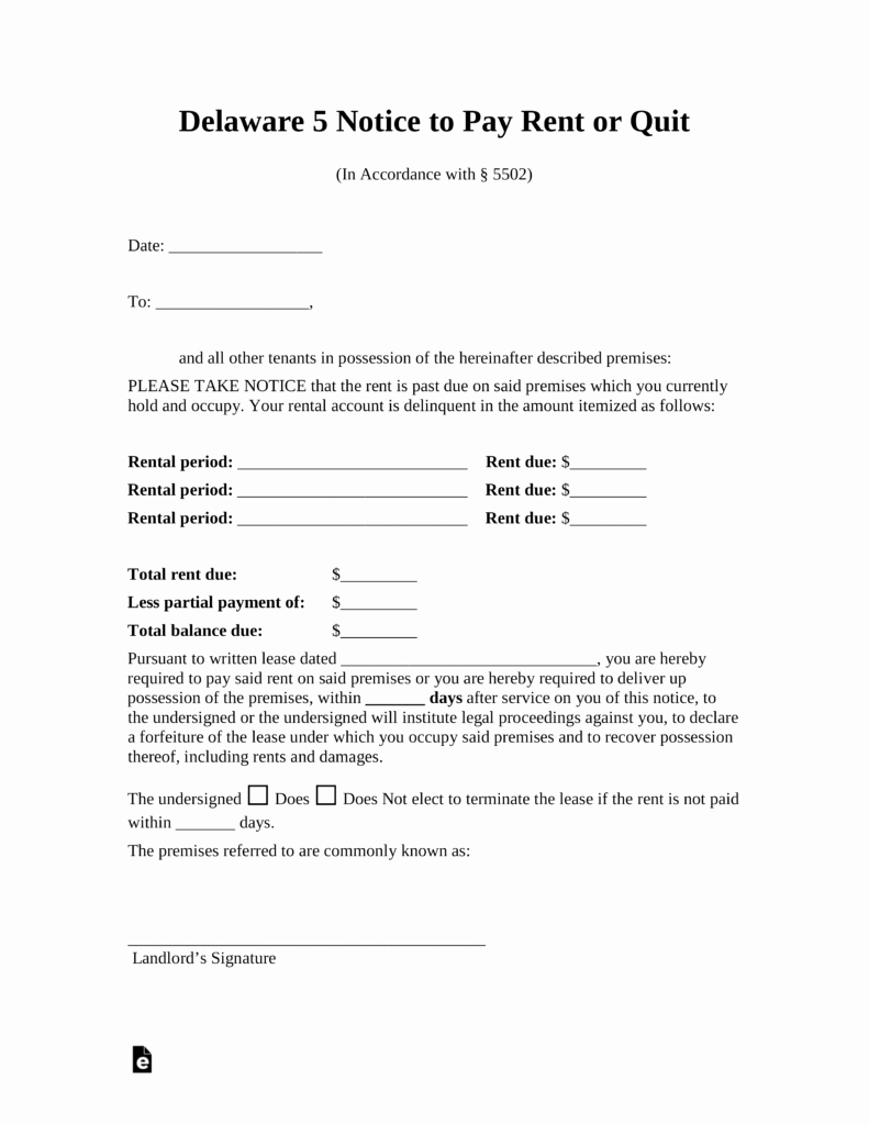 Notice to Pay or Vacate Beautiful Delaware 5 Day Notice to Quit form