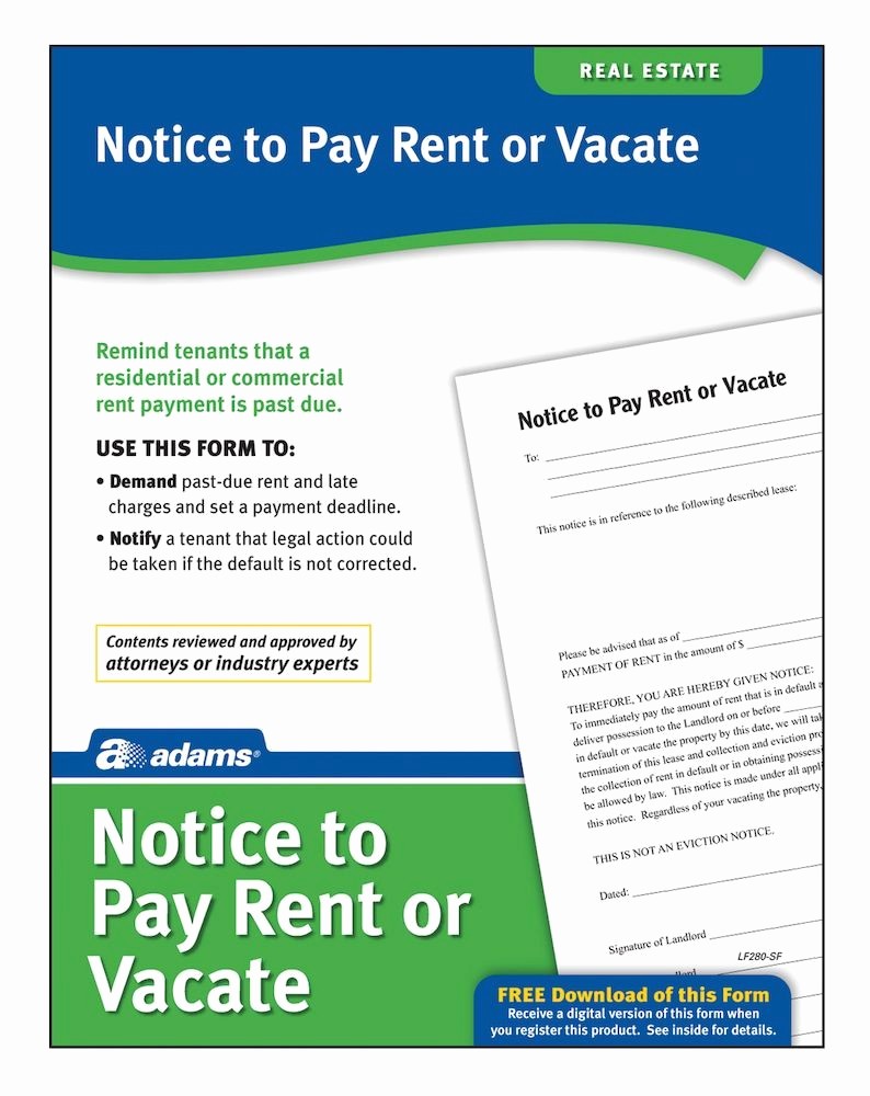 Notice to Pay or Vacate New Adams Notice to Pay Rent Quit forms and Instructions