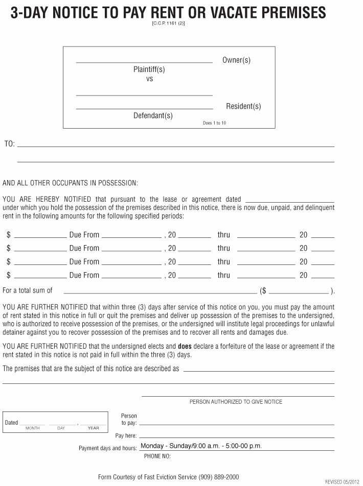 Notice to Pay or Vacate Unique 3 Day Notice Pay Rent Quit Residential – Free Eviction form
