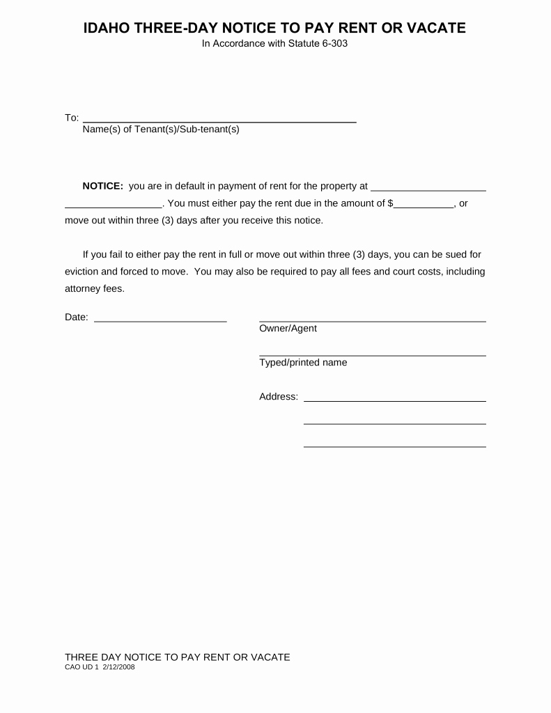 Notice to Pay or Vacate Unique Idaho 3 Day Notice to Quit form – Non Payment Of Rent