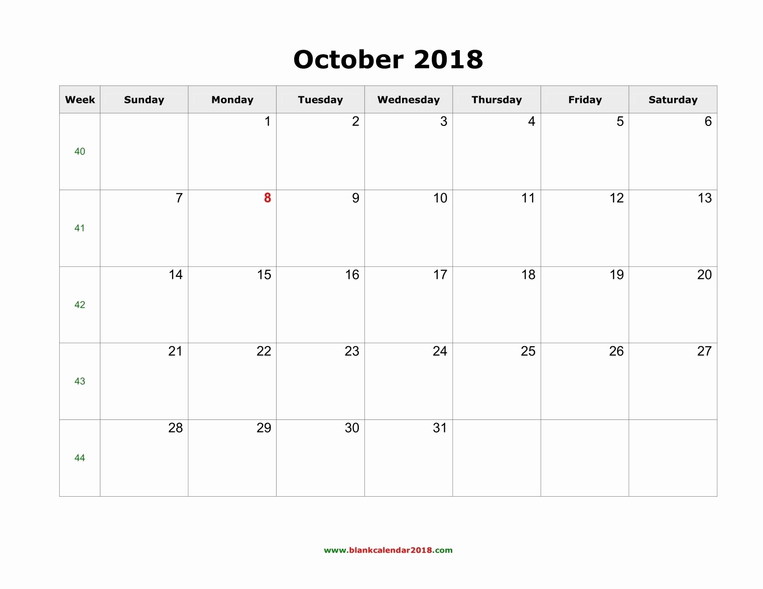 October 2018 Printable Calendar Word Beautiful Blank Calendar for October 2018