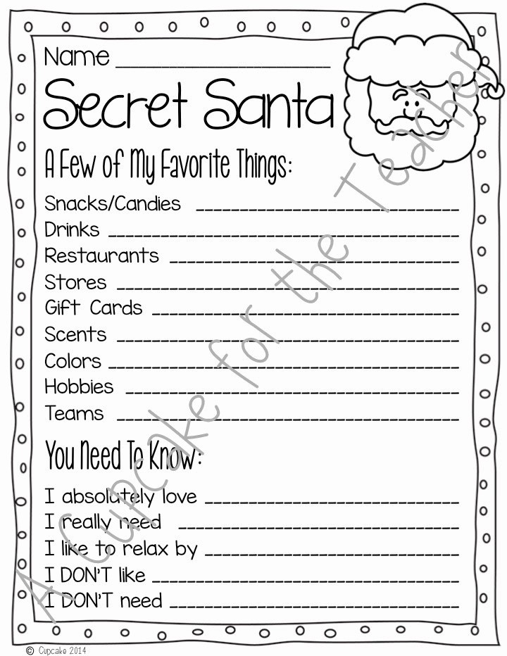 Office Secret Santa Questionnaire Templates Fresh Secret Santa Freebie A Cupcake for the Teacher