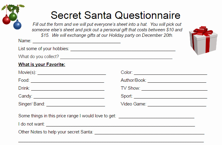 Office Secret Santa Questionnaire Templates Inspirational Secret Santa Troop 8 Sawkill Ny