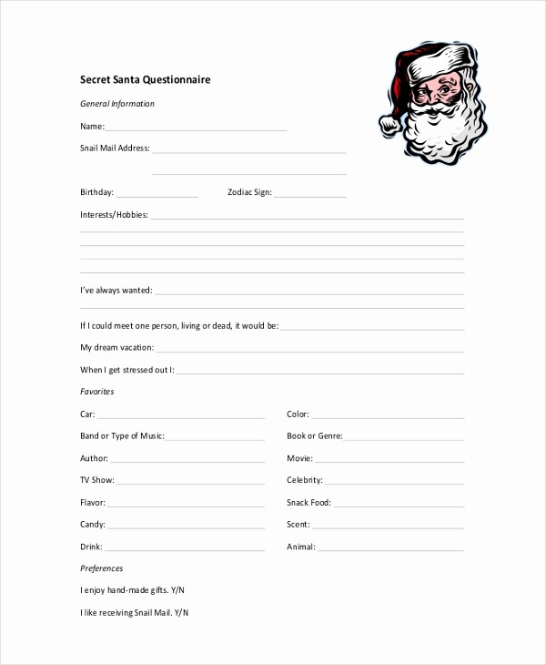 Office Secret Santa Questionnaire Templates Lovely Sample Secret Santa Questionnaire form 10 Free