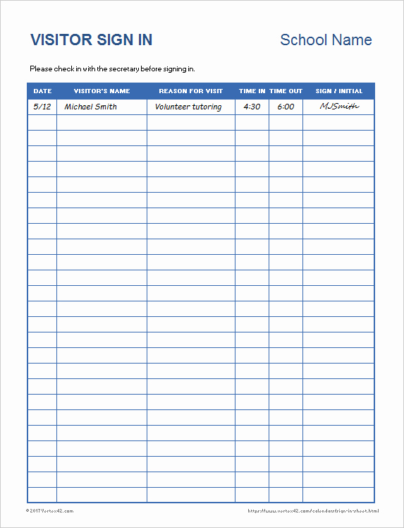 Office Sign In Sheet Template Fresh Download the School Visitor Sign In Sheet From Vertex42