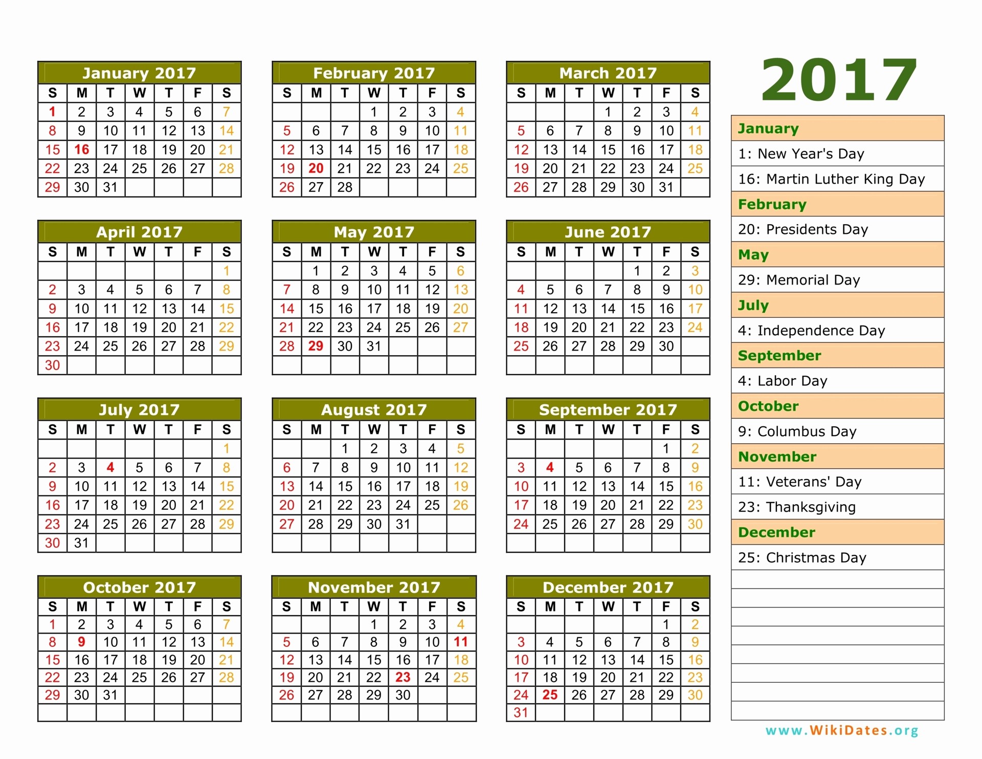 One Page Annual Calendar 2017 Unique 2017 Calendar