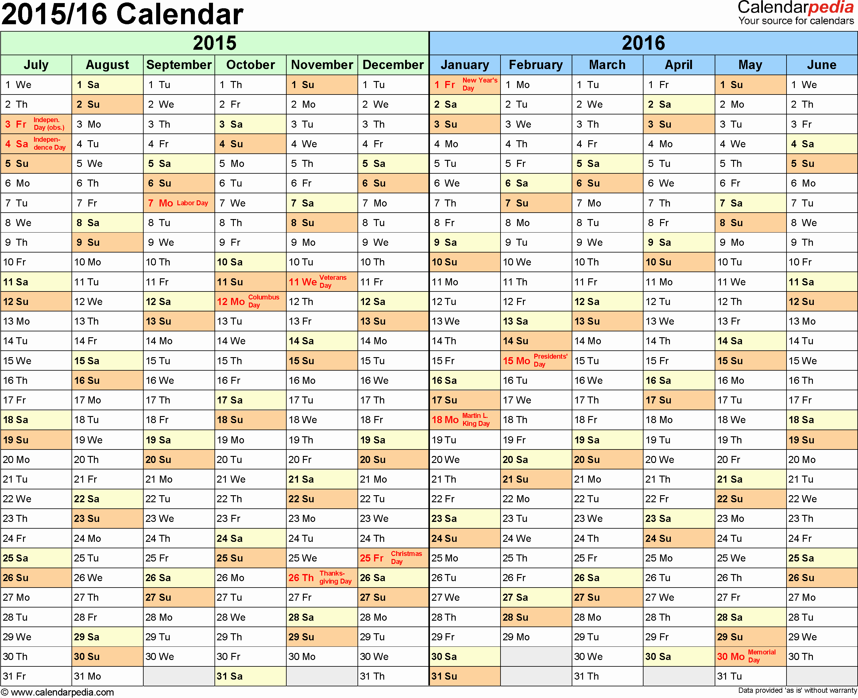 One Page Yearly Calendar 2015 Elegant Split Year Calendar 2015 16 July to June Word Templates