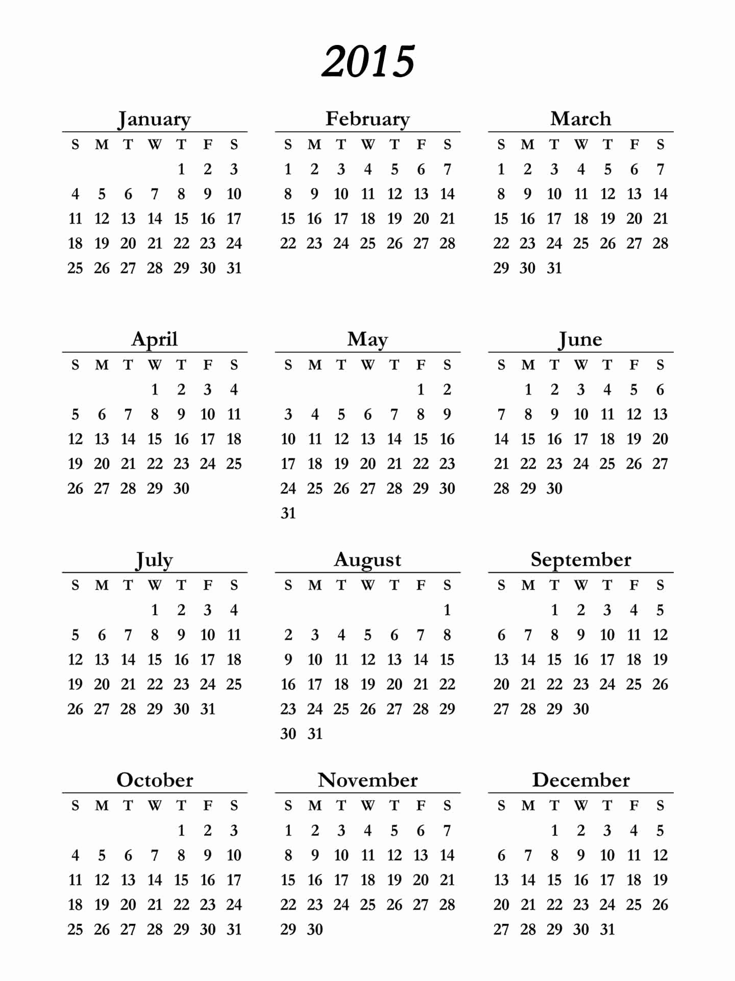 One Page Yearly Calendar 2015 Fresh Printable 2015 Calendar E Page Free