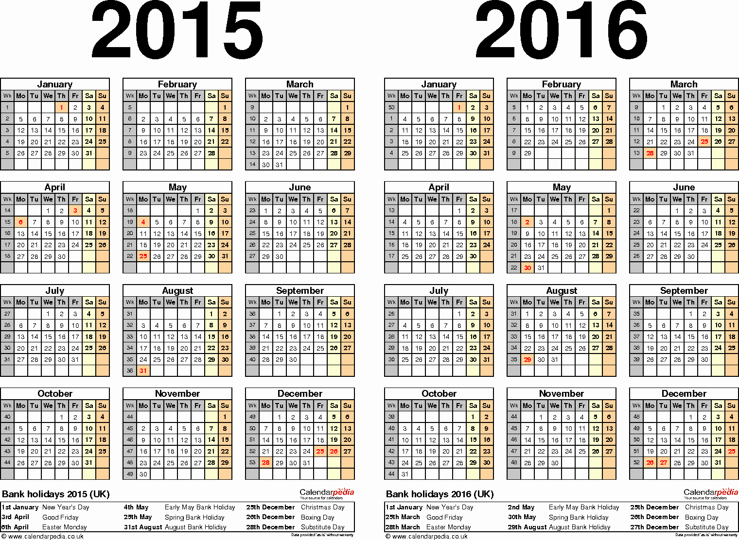 One Page Yearly Calendar 2015 Fresh Two Year Calendars for 2015 &amp; 2016 Uk for Excel