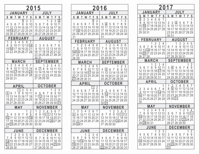 One Page Yearly Calendar 2015 Inspirational 2015 2016 2017 3 Year Calendar