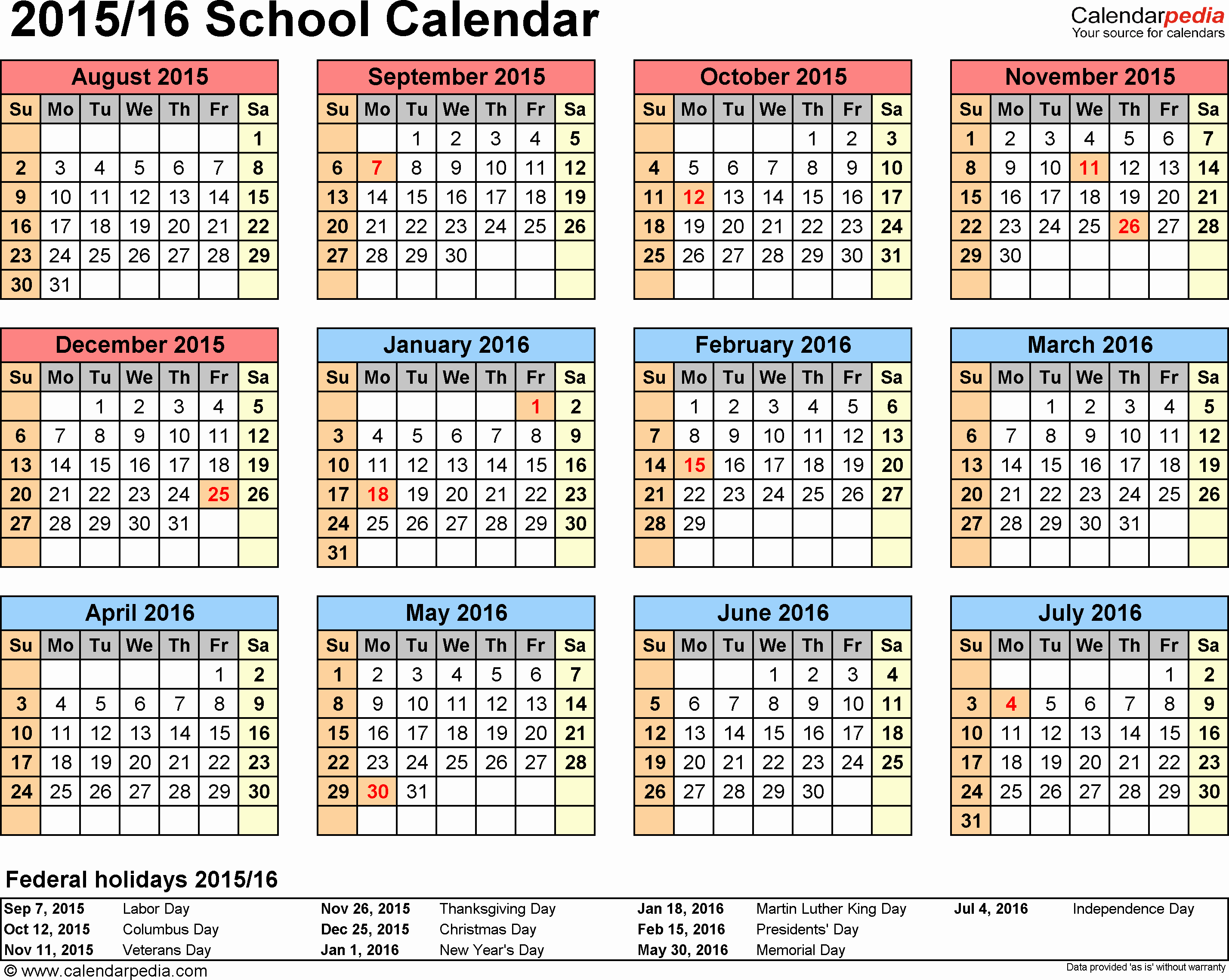 One Page Yearly Calendar 2015 Luxury School Calendars 2015 2016 as Free Printable Pdf Templates