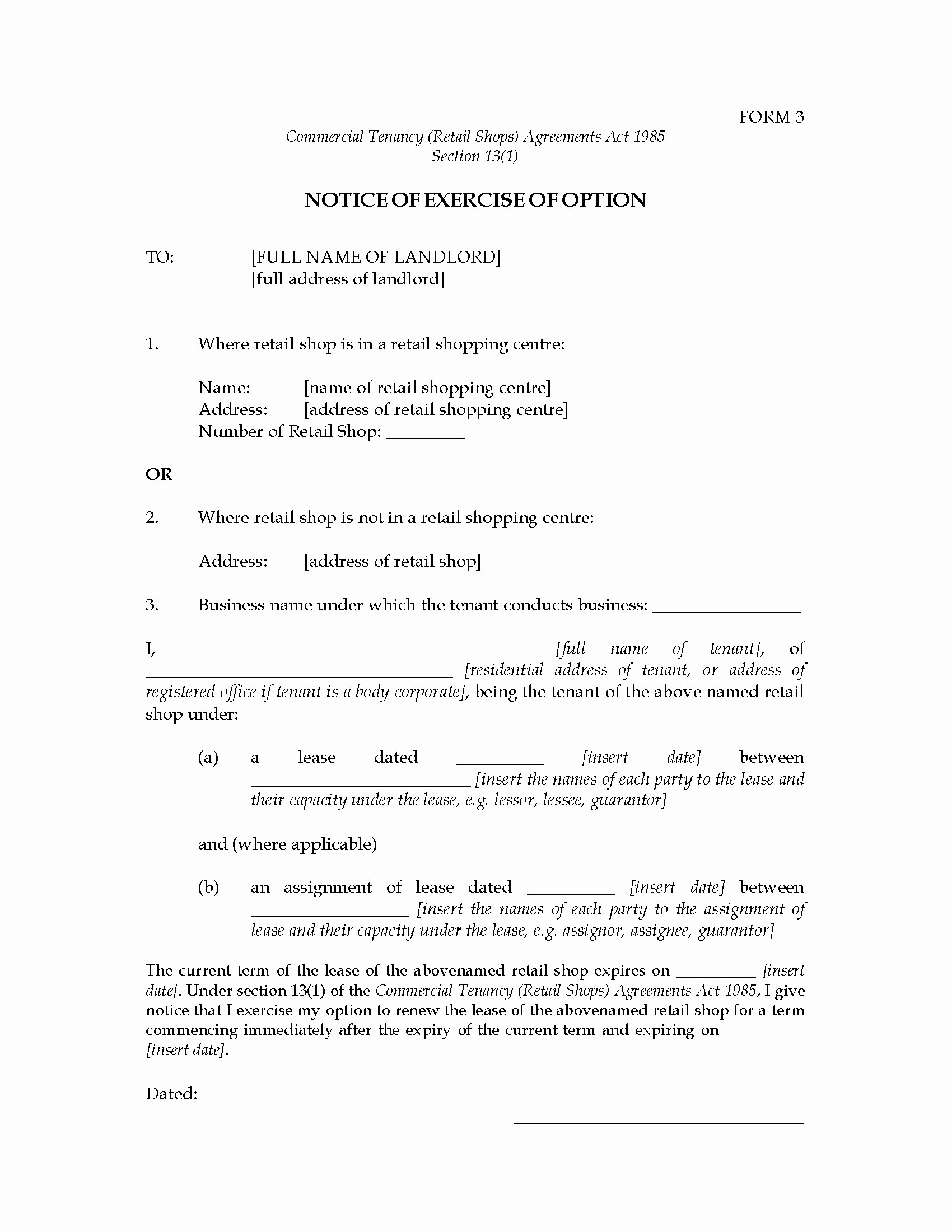 Option to Renew Lease form Lovely Western Australia Notice Of Exercise Of Option to Renew