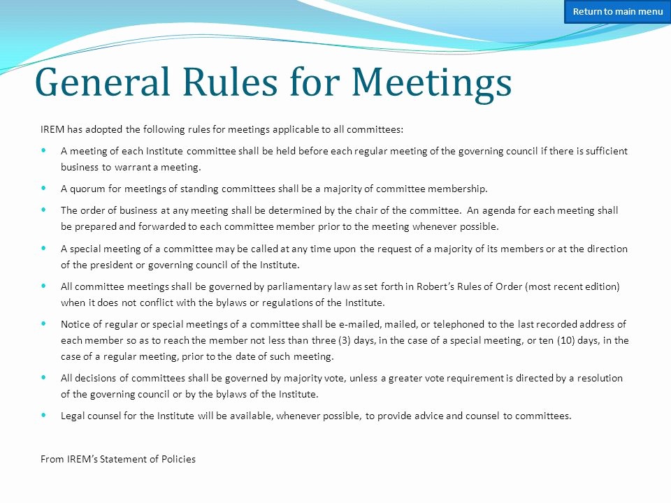 Order Of Business Meeting Agenda Luxury Irem Mittee Handbook Ppt