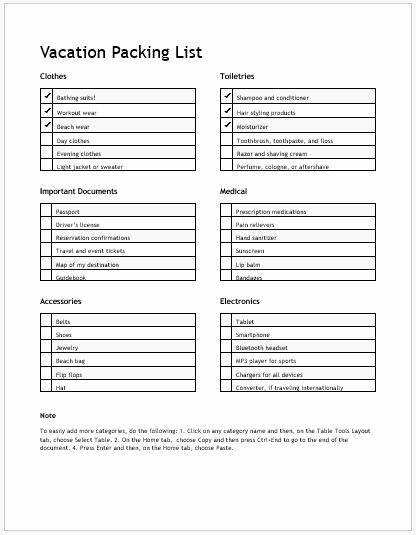 Packing List for Vacation Template Awesome Packing List Templates for Ms Word