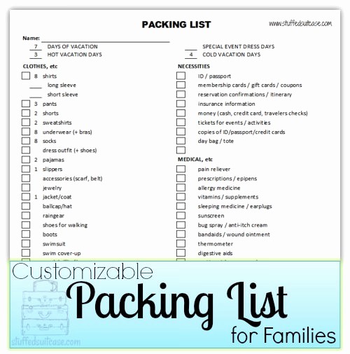 Packing List for Vacation Template Inspirational Packing List Spreadsheet for Families – Customizable – Tip