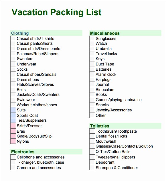 Packing List for Vacation Template Luxury Packing List Template