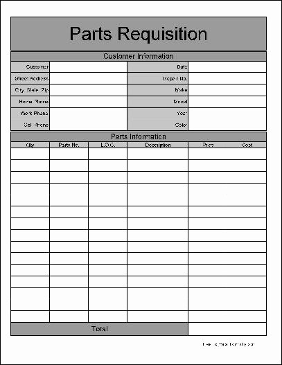 Parts order form Template Excel Lovely Free Wide Row Parts Requisition form From formville